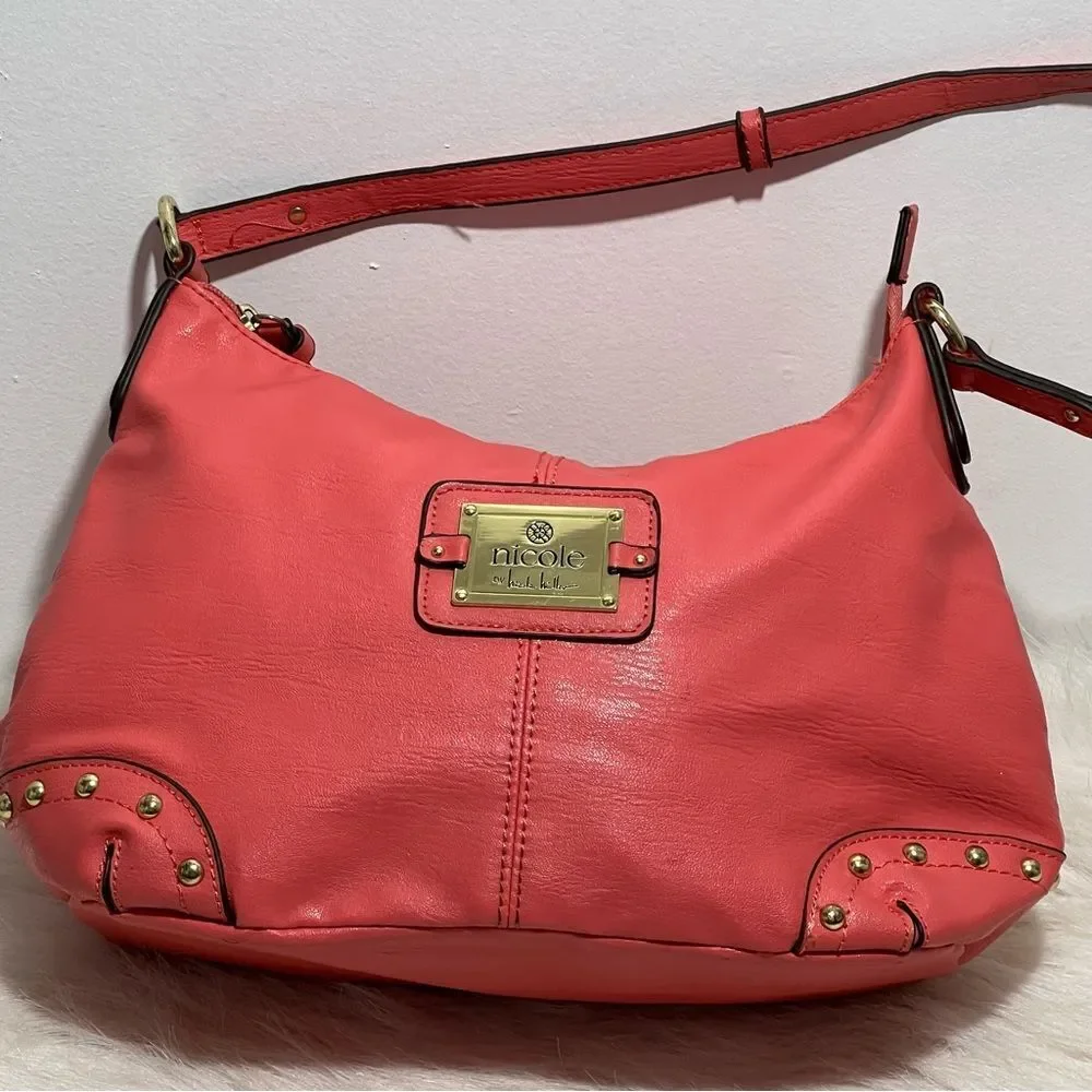 Nicole Miller Peach/Coral‎  Goldtone Studded Hobo Bag